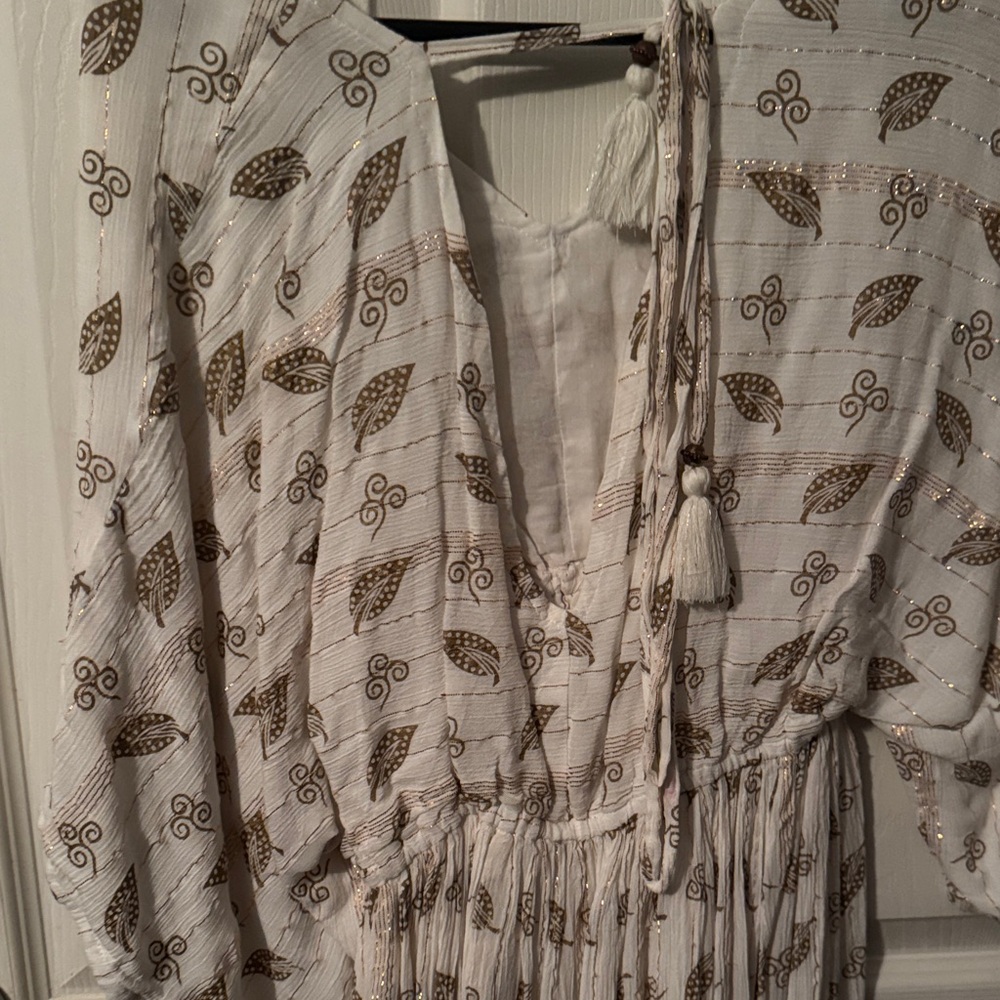 Boho Tassel Drawstring Dress in Cream and Gold - Picture 2 of 4